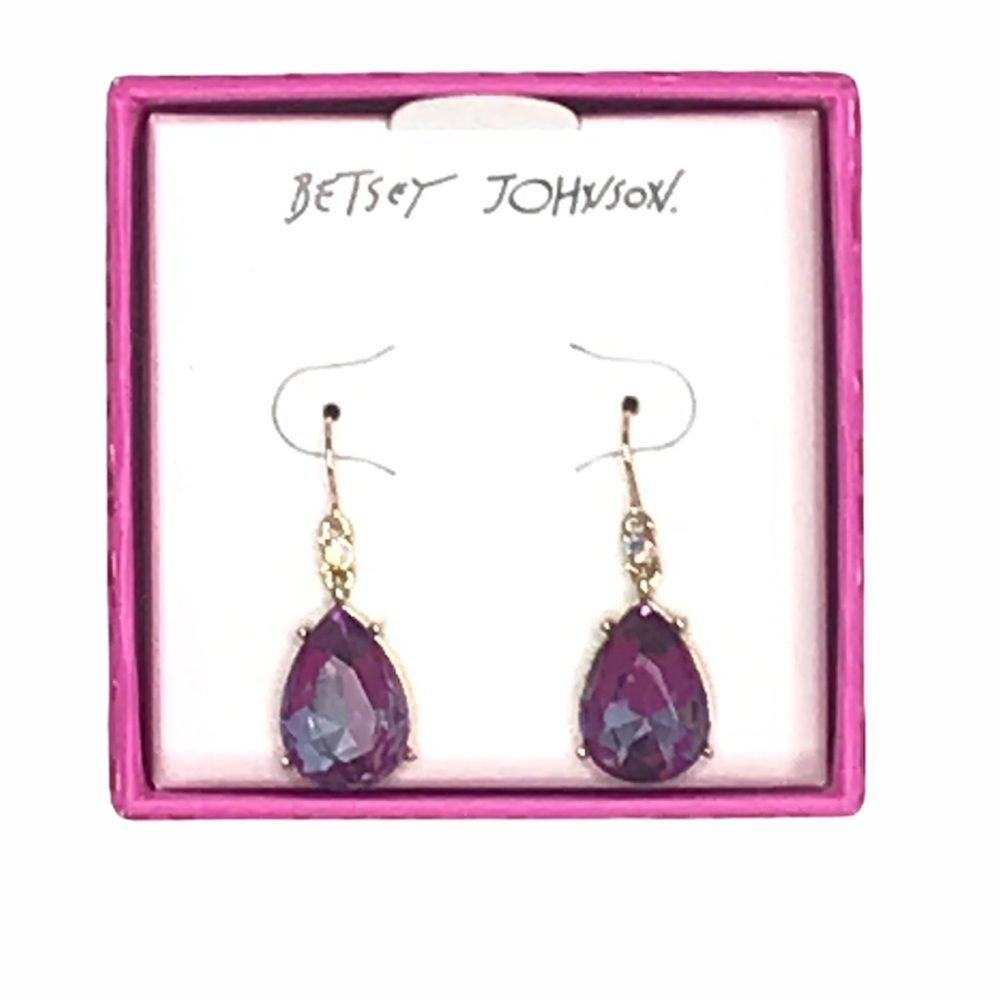 Betsey Johnson Tear Drop Stone Drop Earring Purple Gold Tone - Picture 1 of 5